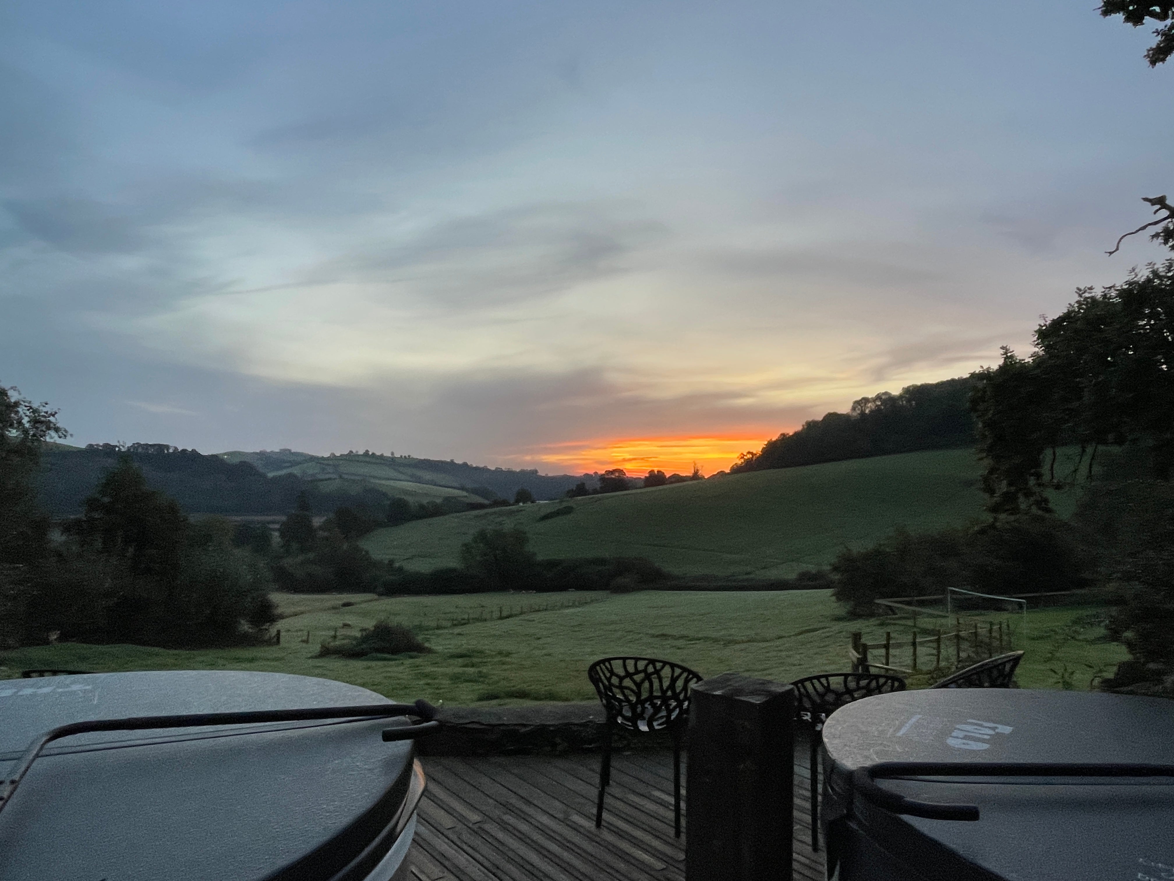 Sunrise view across the fields to the River dart at our sewing retreat in Devon